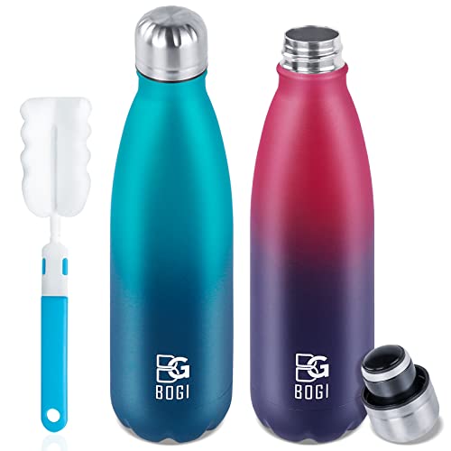 BOGI Insulated Water Bottle, 17oz 2 Pack Stainless Steel Water Bottles, Leak Proof Sports Metal Water Bottles Keep Drink Cold for 24 Hours and Hot for 12 Hours BPA Free kids water bottle for School - color: 2 Pack-Dark Blue Red + Blue Dark Blue, size: 17