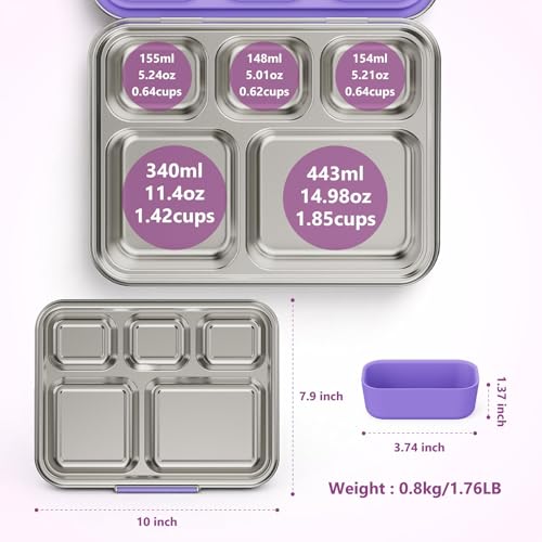 Pawtong Stainless Steel Lunch Box, 5-Compartment Bento Lunch Box for Kids & Adults,Metal Lunch Box with Removable Silicone Container, Lunch Box Containers for School,Office(Purple) - color: Purple