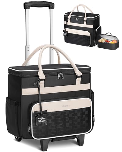 Ytonet Rolling Laptop Bag with Insulated Lunch Box, 15.6 In Rolling Briefcase for Women with Large Cup Holder, Detachable Trolley Roller Underseat Bags for Work, Office, Teacher, Travel, Black Beige - color: Black Beige