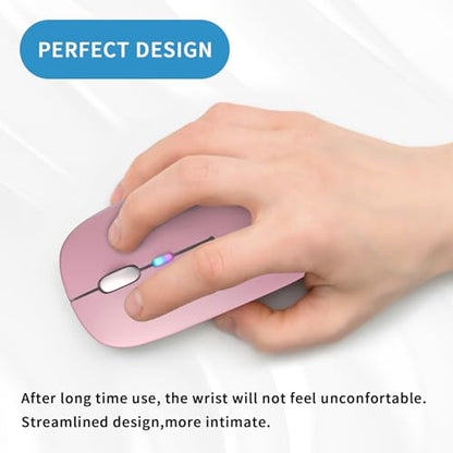 Wireless Bluetooth Mouse, Rechargeable, LED, Silent, Ultra-thin Design (Bluetooth 5.2 and 2.4GHz USB Receiver) | Portable Computer Mouse for Laptops, iPads, MacBooks and Apple Devices (Pink) - color: Pink