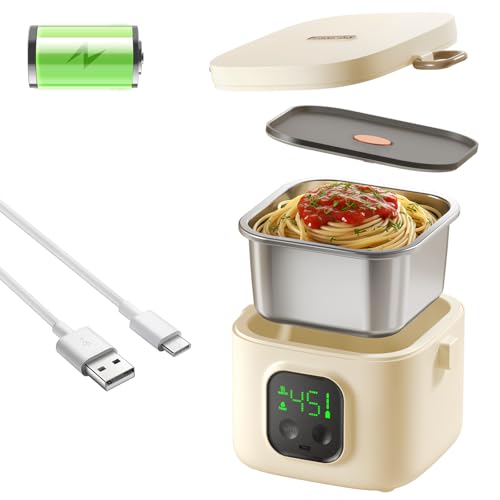 Wireless Portable Adult Electric Lunch Warmer Powered By 14000mAh Battery Self-Heating Food Warmer Type-C Rechargeable Port 0.8L Portable Self-Heating Food Warmer Ideal for Office Camping Outdoor