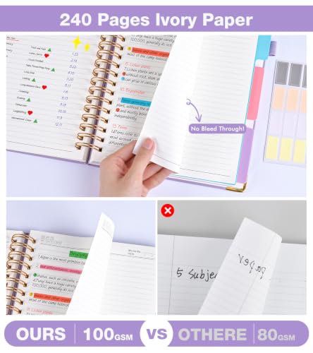 JASLEKO 3 Subject Notebook College Ruled with Dividers Tabs, 100 GSM Leather Hardcover Spiral Notebooks for School Work, 240 Pages Large Cute Notebook Journal for Women Men, College Students,Purple - color: Purple