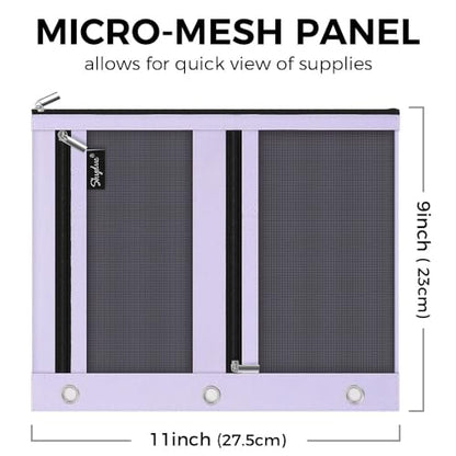 SKYDUE 3 Ring Pencil Pouch for Binder, Zipper Binder Pencil Pouch with 3 Pockets and Mesh Window, Durable Organizer for School Supplies, Cables, Earbuds, Makeup - color: Purple