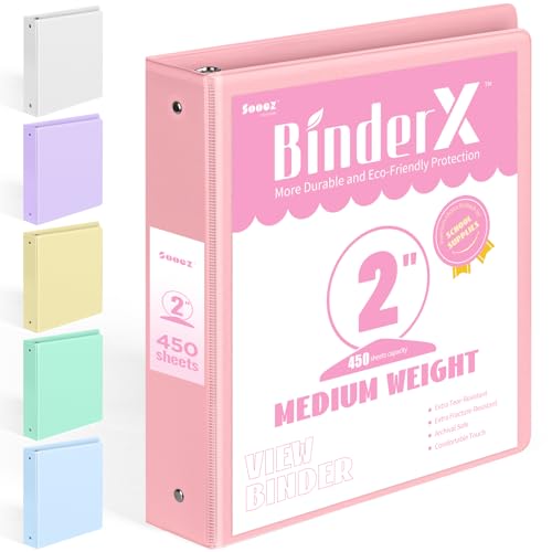 Sooez BinderX Extra Durable 3 Ring Binder, Round Ring 2 Inch Binders, Fits 450 Sheets of 8.5x11 Paper, Customizable View Cover with Inside Pockets, Cute 2" Binder, School Supplies for Girls, Pink - color: Pink, size: 2 inch
