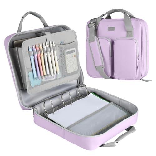 3 Inch Zipper Binder 3 Ring with Sturdy Shoulder Strap & Multi-Pocket, Binder with Zipper Holds Up to 700 Sheets for Office School, Compatible with 13” MacBook Laptop ipad(Purple) - color: Purple