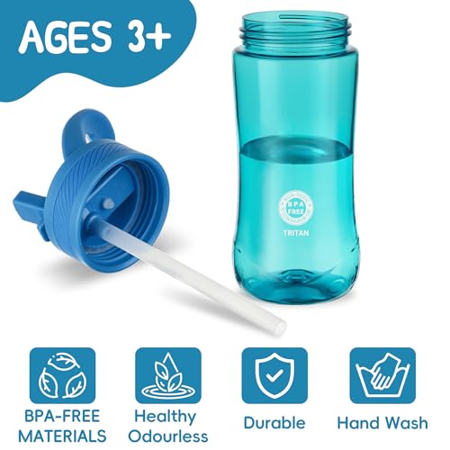 14oz Clear Kids Water Bottle with Straw Lid, BPA-Free Tritan, Measurement Scale, Sturdy Handle Wide Mouth Leak-proof Reusable Plastic Bottle for Boy& Girls, Back to School(Blue) - color: Blue