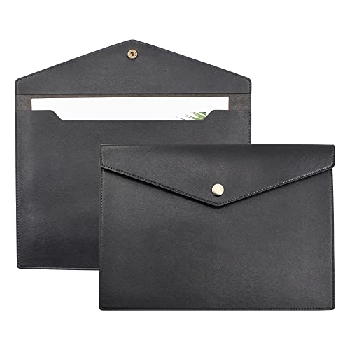VANRA 1 Piece PU Leather File Folders A4 Document Holder File Envelope Waterproof Portfolio Filing File Organizer for Letter Size with Snap Button Closure, Black - color: Black