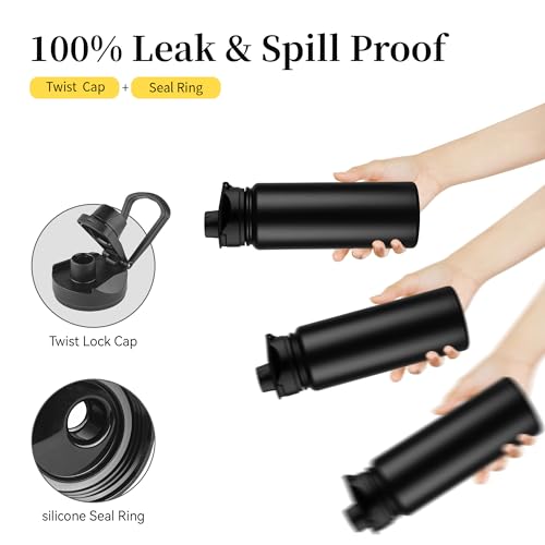 24 oz Insulated Water Bottle Bulk 8 Pack, Stainless Steel Sports Water Bottles with Straw Lid & Wide Mouth Lids, Double Walled Vacuum, Leak Proof, Black - color: Black, size: 24 Ounces-8