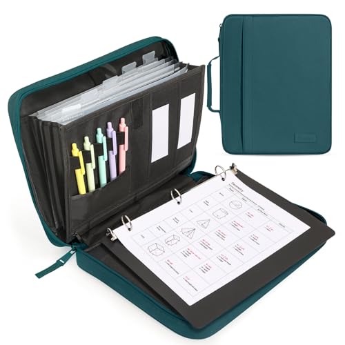 SUNEE Zipper Binder 1 Inch, Removable 3-ring binder, 175-Sheet Capacity, 5-Tab Dividers Expanding File Folder, Small Binder Bag Organizer Storage for Student School Classroom Supplies, Dark Teal-Green - color: Dark Teal-green