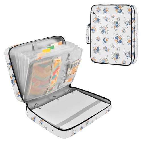 White Floral 3 Ring Zipper Binder Accordion File Organizer Expanding File Folder Expandable for Documents A4 Letter Size