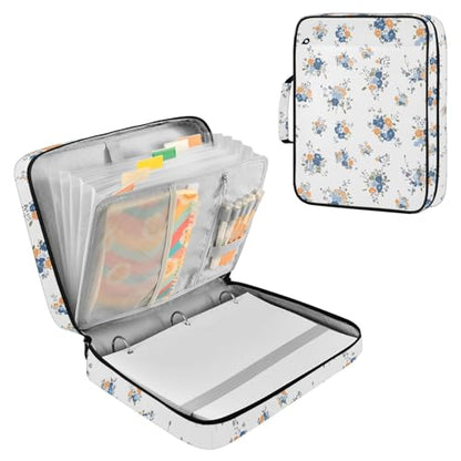 White Floral 3 Ring Zipper Binder Accordion File Organizer Expanding File Folder Expandable for Documents A4 Letter Size