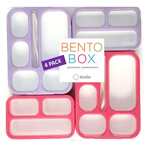 kinsho Bento Box Lunch Boxes and Snack Containers, Value Pack for Kids Girls Boys | Leakproof Portion Boxes for School Pre-School Toddler Daycare Travel, BPA Free | Set of 4, Pink Purple - color: Pink Purple Large + MINI 4 Pack