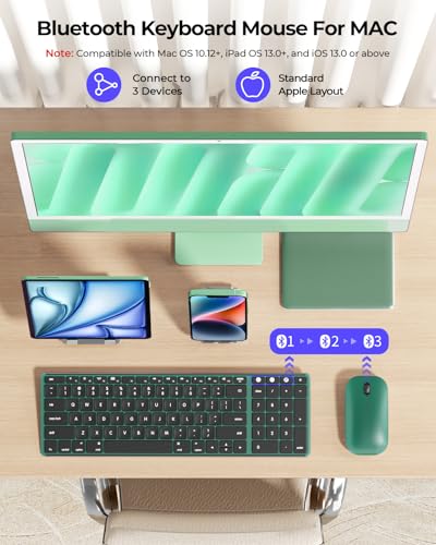 seenda SKM64-2 Bluetooth Keyboard and Mouse Combo for Mac, MacBook and iPad | 3-device Bluetooth switching, rechargeable, quiet keys/clicks, compact slim design for office and home use, Black & Green - color: Black & Green