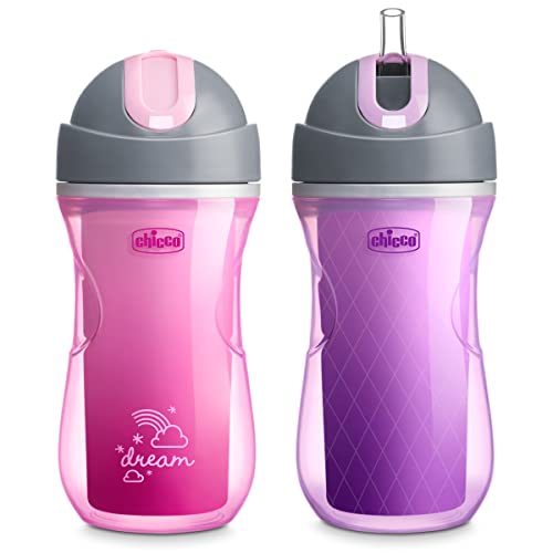 Chicco Insulated Straw Sippy Cup 12+ Months, 9oz Toddler Training Cup with Spill-Free Flip-Top Lid, BPA-Free 2-Pack, Dream Pink/Purple - color: Dream Pink/Purple, size: 9 Ounces