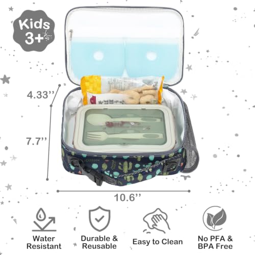 FlowFly Kids Lunch Bag, Durable Insulated School Lunch Box with Shoulder Strap and Bottle Holder, Water-resistant Thermal Small Lunch Cooler Tote for Teen Boys & Girls, Cactus - color: Cactus