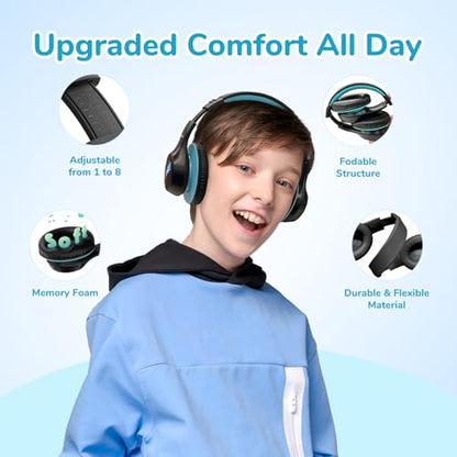 EarFun K4 Kids Bluetooth Headphones, Wireless Headphones with LED Lights | 74/85/94dBA Volume Limited, Built-in Mic, 90H Playtime, Bluetooth 5.4 Over Ear Headphone for iPad/Tablet/School, Dark Black - color: Dark Black
