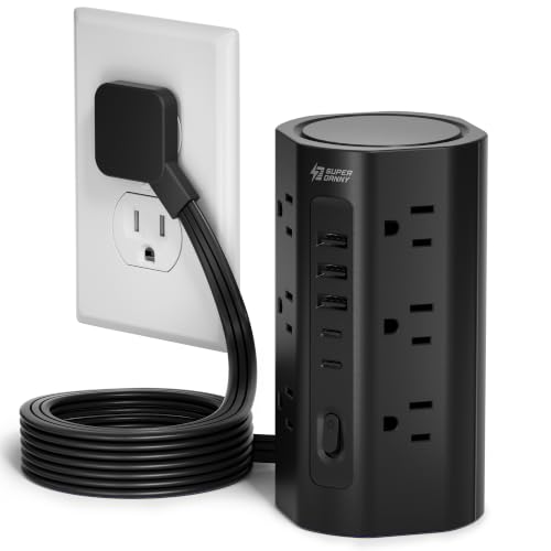 6.5Ft Extension Cord Power Strip Tower with Multiple Outlets, Flat Plug Power Tower 1700J Surge Protector, 12 AC Outlets 5 USB Ports (2 USB C), Desk USB Charging Station, Home Office Dorm Room, Black - color: Black, size: 6.5 FT