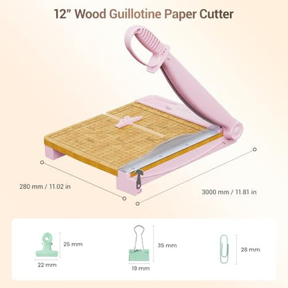 12 Inch Heavy Duty Paper Cutter, Wood Guillotine Paper Cutter & Paper Trimmer, 30 Sheets Capacity Paper Cutting Board for Classroom, Crafting, Cardstock Pink - color: Pink