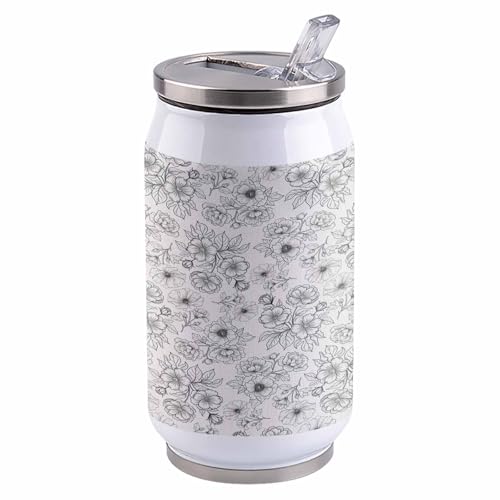 Spring Flowers 10oz Stainless Steel Tumbler with Lid & Straw-Double Wall Vacuum Insulated Travel Mug Vintage Black Linear Floral Water Bottle Coffee Beverage Drinks Cup - size: 10 Ounces