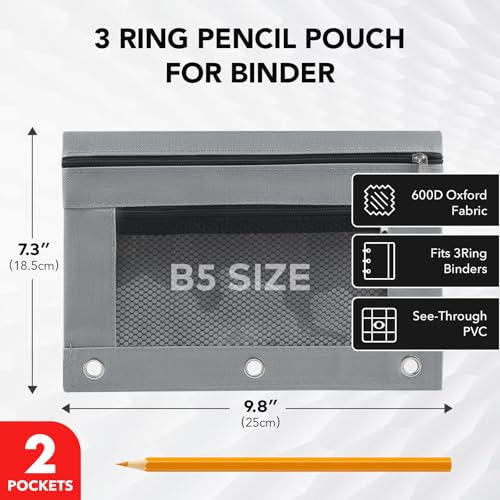 3 Ring Pencil Pouch for Binder, 2-Pocket Zipper Pencil Case with Clear Window & Mesh Pocket, 600D Oxford Fabric Binder Pouch for School Office Supplies, Fits Standard 3-Ring Binders, Grey - color: Grey