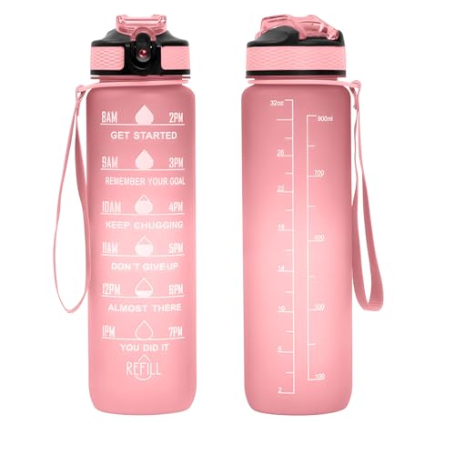 32 oz Motivational Water Bottle with Time Marker,Water Bottles with Times to Drink and Straw with Carrying Strap,Perfect For Fitness Gym Outdoor,BPA Free (Pink) - color: Pink