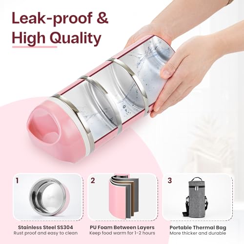 Lille Home Stackable Stainless Steel Thermal Compartment Lunch/Snack Box, 3-Tier Insulated Bento/Food Container with Lunch Bag and Three Extra Seals, 43OZ (Pink) - color: Pink
