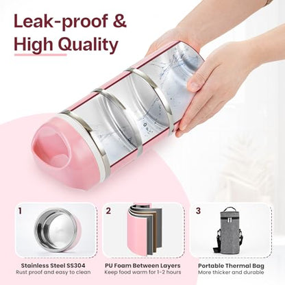 Lille Home Stackable Stainless Steel Thermal Compartment Lunch/Snack Box, 3-Tier Insulated Bento/Food Container with Lunch Bag and Three Extra Seals, 43OZ (Pink) - color: Pink