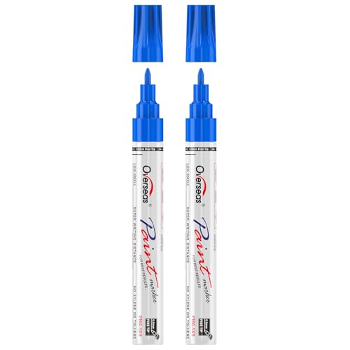 Overseas Blue Oil Based Paint Markers, 2 Fine Tip Permanent Paint Pens | 0.9mm Fine Nib, Waterproof, Quick Dry, Fade Resistant, Oil Marker Pen for Metal, Rubber, Wood, Plastic, Rock, Glass, Canvas - color: Blue