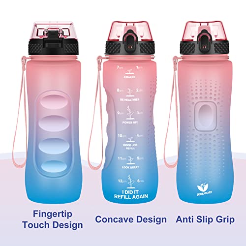 24 OZ Motivational Kids Water Bottle With Time Marker,Straw Lid,Leak Proof, Tritan BPA Free Sports Water Bottle Pink-Blue(1 Lid) - color: Pink Blue