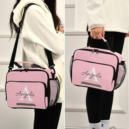 Custom Student Lunch Bag for Boys Girls Pink Solid Color Personalized Name Lunch Box Insulated Cooler Bag for School Picnic Office - color: Multi19