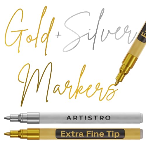 ARTISTRO 2 Gold & Silver Acrylic Paint Markers - 0.7mm Extra Fine-Tip Metallic Paint Pens - Perfect for Crafting, Art Projects, & More - color: Gold & Silver, style: Extra Fine
