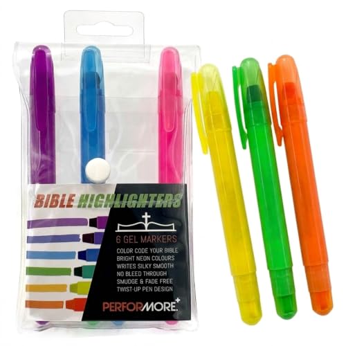 Performore No Bleed Gel Highlighters, Bible Highlighter Pens, Assorted Colors, Pack of 6, Twist-Up Fluorescent Gel Markers