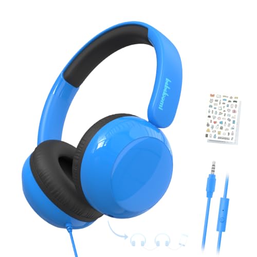 Kids Headphones with Cord, Wired Headphones for Kids with Microphone, Volume Limit, 3.5mm Jack, Shareport, Stereo Sound Boys Girls Sticker Crafting Headset for School/Tablet/iPad - color: Blue
