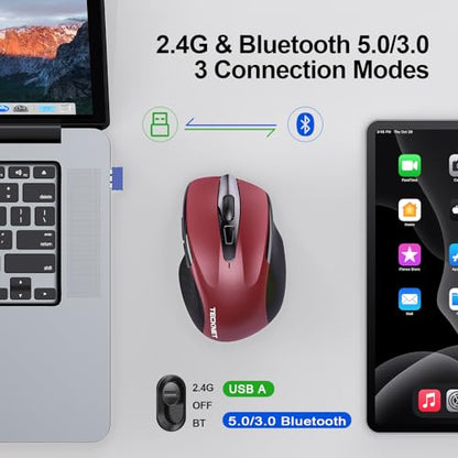 TECKNET Wireless Mouse, BT 5.0/2.4G, Rechargeable 6-DPI Silent, Red | Bluetooth 5.0/3.0 & USB A, 2-Device Easy Switch, Wide OS Compatible, 6 Buttons, 6-DPI up to 4800, Ergonomic for S to M Hands - color: Red