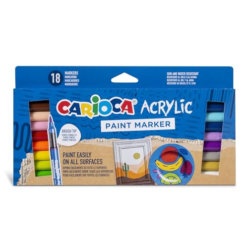 CARIOCA Acrylic Paint Markers Set – 18 Assorted Colors, Permanent Paint Pens for Multiple Surfaces, Water-Based Acrylic Ink, Art & School Supplies, Made in Italy
