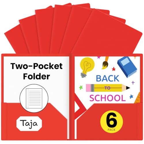 Taja Plastic Folders with Pockets (6 Pack, Red), 2-Pocket Folders with Business Card Slot, Heavy Duty, Fit Letter Size Documents, Perfect for School, Office & Business - color: E-red, size: 6 Pack
