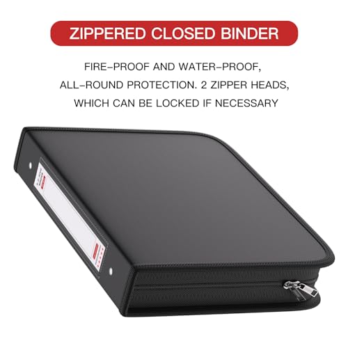 Fireproof 3 Ring Binder with Zipper, 2.5 Inch D Rings Hold up 650 Sheets of 8.5" x 11" (A4), Compatible with Clear Page Protectors, Built-in net and Pen Holder (1 Pcs, Black, 2.5") - color: Black, size: 2.5", style: 1 Pcs