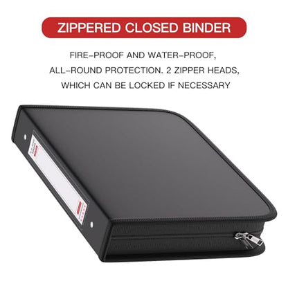 Fireproof 3 Ring Binder with Zipper, 2.5 Inch D Rings Hold up 650 Sheets of 8.5" x 11" (A4), Compatible with Clear Page Protectors, Built-in net and Pen Holder (1 Pcs, Black, 2.5") - color: Black, size: 2.5", style: 1 Pcs