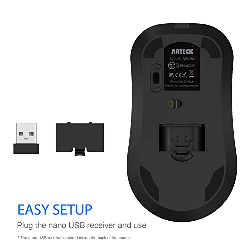 Arteck 2.4G Wireless Mouse with Nano USB Receiver Ergonomic Design Silent Clicking for Computer/Desktop/PC/Laptop and Windows 10/8/7 Build in Rechargeable Battery (Black) - color: Black