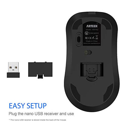 Arteck 2.4G Wireless Mouse with Nano USB Receiver Ergonomic Design Silent Clicking for Computer/Desktop/PC/Laptop and Windows 10/8/7 Build in Rechargeable Battery (Black) - color: Black