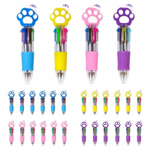 Sabary 24 Pcs Paw Print Mini Multicolor Pens in One 4-in-1 Cute Cat Paw Ballpoint Pens Bulk, Fun Gifts Assorted Ink Kawaii Pen for Birthdays Cat Party Pet Lover Gift, Office School Supplies