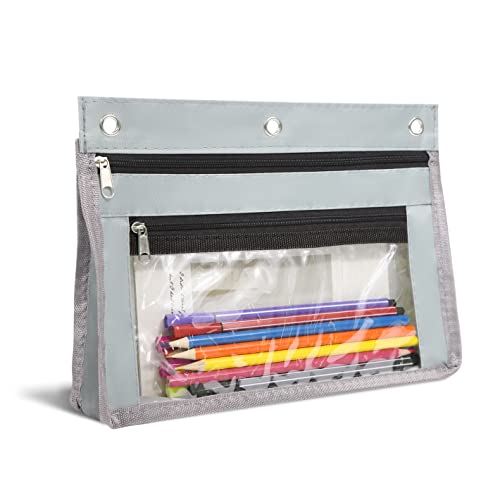 YoeeJob 1 Pack Pencil Pouch for 3 Ring Binder, Expandable Binder Pouches with Zipper, Large Capacity Pen Holder Case with Clear Window School Class Office Organizers, Grey - color: Grey