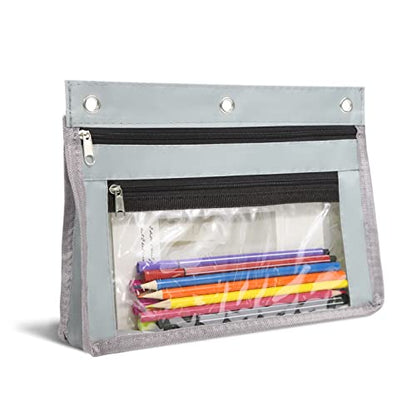 YoeeJob 1 Pack Pencil Pouch for 3 Ring Binder, Expandable Binder Pouches with Zipper, Large Capacity Pen Holder Case with Clear Window School Class Office Organizers, Grey - color: Grey