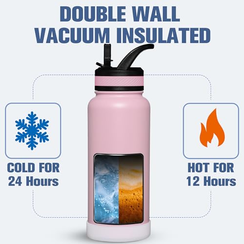 OLDLEY 32 oz Insulated Water Bottle With Straw, Stainless Steel Sports Water Cup Flask with 3 Lids(Straw, Spout and Handle Lid) Double Walled Travel Thermal Canteen Mug,Lavender Mist - color: Lavender Mist, size: 32 Ounces