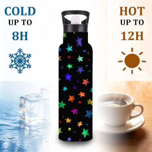 Water Bottles with Straw,Colorful Stars Stainless Steel Cup Leak Resistant Double Wall Black Background Insulated Water Bottle with Handle for Gym Cycling Hiking Office 20 oz - color: Colorful Stars,Black Background