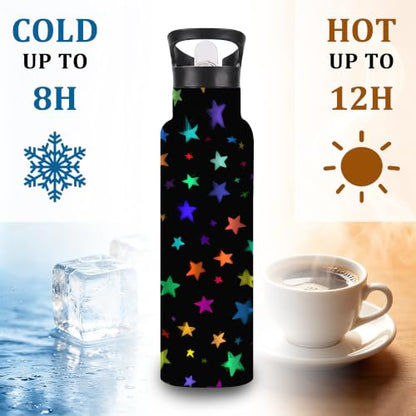 Water Bottles with Straw,Colorful Stars Stainless Steel Cup Leak Resistant Double Wall Black Background Insulated Water Bottle with Handle for Gym Cycling Hiking Office 20 oz - color: Colorful Stars,Black Background