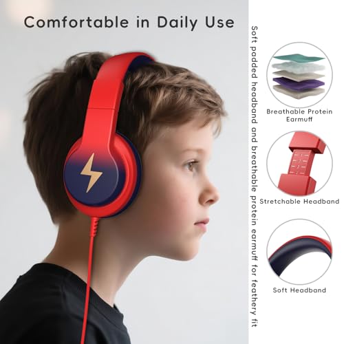 Candy Bila Kids Headphones, Wired Headphones for Kids Over Ear with Microphone, 85/94dB Volume Headphone for Girls Boys, Foldable Headphone for Learning & Entertainment, Gradient red to Dark Blue - color: Gradient Red to Dark Blue