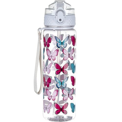 OLDLEY 17oz Kids Water Bottle, Tritan BPA-Free, Leakproof Flip Straw Lid, Motivational Time Marker, Carry Strap, Reusable Clear Water Bottle for Boys & Girls,Clear Butterflies - color: Clear Butterflies, style: 17 Ounces