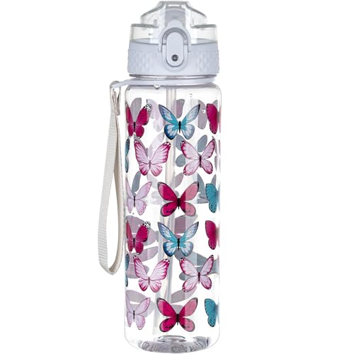 OLDLEY 17oz Kids Water Bottle, Tritan BPA-Free, Leakproof Flip Straw Lid, Motivational Time Marker, Carry Strap, Reusable Clear Water Bottle for Boys & Girls,Clear Butterflies - color: Clear Butterflies, style: 17 Ounces
