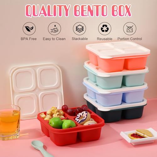 Honeydak 5 Pack Snack Containers 4 Compartment Bento Snack Boxes Reusable Lunchable Containers with Lids Divided Meal Prep Lunch Food Storage Box for School Work Travel(Melon,Equal) - color: Melon, style: Equal